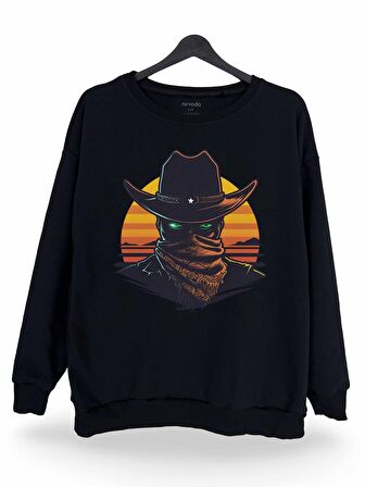 Esrarengiz Western Erkek Kovboy Baskılı Unisex Bisiklet Yaka Oversize Sweatshirt