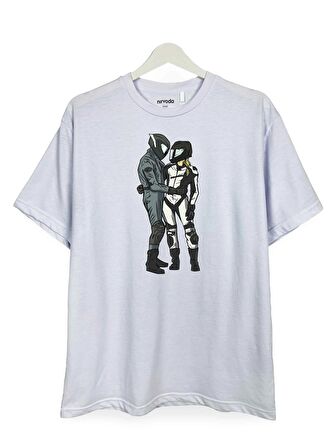 Motorcu Sevgililer Baskılı Loose Fit Bisiklet Yaka Unisex Tişört