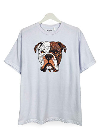 Amerikan Bulldog Köpek Baskılı Unisex Bol Kalıp Bisiklet Yaka Tişört