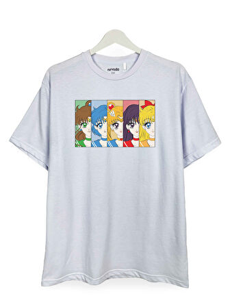 Sailor Moon Kızları Baskılı Unisex Bol Kalıp Bisiklet Yaka Tişört