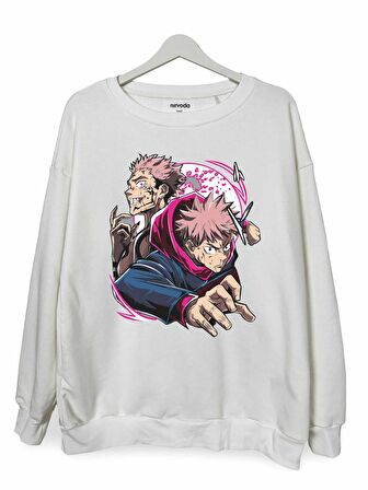 Jujutsu Kaisen Çizim Baskılı Unisex Bisiklet Yaka Oversize Sweatshirt Anime Manga