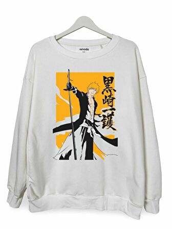 Ichigo Kurosaki Bleach Baskılı Unisex Bisiklet Yaka Oversize Sweatshirt Anime Manga