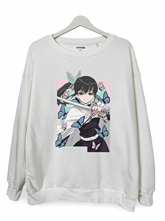 Kanao Tsuyuri Demon Slayer Baskılı Unisex Bisiklet Yaka Oversize Sweatshirt Anime Manga