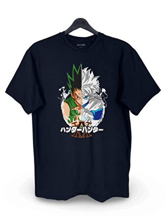 Hunter x Hunter Baskılı Loose Fit Bisiklet Yaka Tişört Anime Manga Siyah
