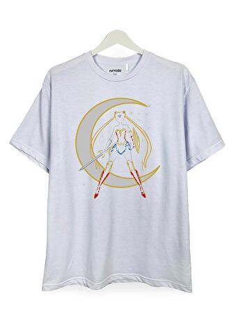 Sailor Moon Savaşçı Ay Baskılı Loose Fit Bisiklet Yaka Unisex Tişört Anime Manga