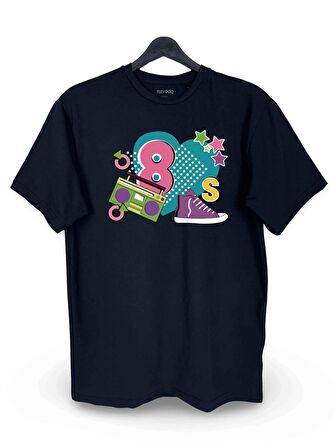 Seksenler Nostalji Baskılı Loose Fit Bisiklet Yaka Unisex Tişört