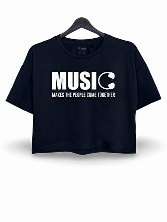 Müzik Simgesi Baskılı Oversize Crop Tişört Siyah