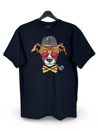 Papyonlu Jack Russell Köpek Baskılı Loose Fit Bisiklet Yaka Unisex Tişört