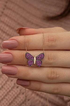 925 Ayar Pembe Kelebek Kolye Kadın Gümüş Kolye