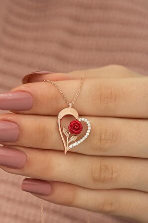 925 Ayar Rose Kırmızı Gül Kalp Kadın Gümüş Kolye