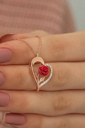 925 Ayar Rose Kırmızı Gül Kalp Kadın Gümüş Kolye