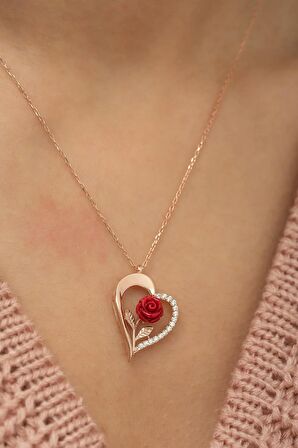 925 Ayar Rose Kırmızı Gül Kalp Kadın Gümüş Kolye