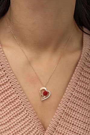 925 Ayar Rose Kırmızı Gül Kalp Kadın Gümüş Kolye