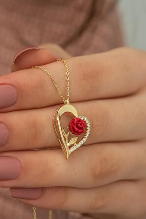 925 Ayar Gold Kırmızı Gül Kalp Kadın Gümüş Kolye