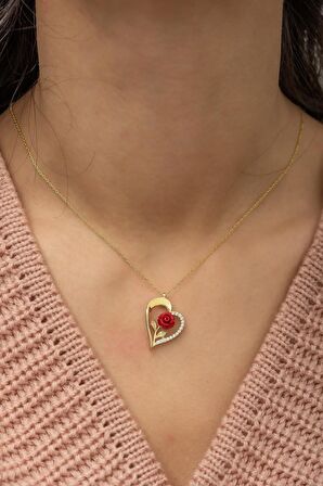 925 Ayar Gold Kırmızı Gül Kalp Kadın Gümüş Kolye