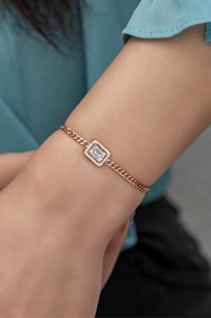 925 Ayar Gümüş Rose Gurmet Zincir Beyaz Tektaş Bileklik
