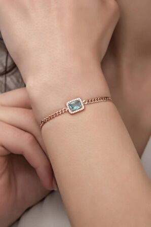 925 Ayar Gümüş Rose Gurmet Zincir AquamarinTektaş Bileklik