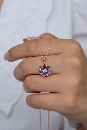 925 Ayar Gümüş Mor Taşlı Lotus Çiçeği Kolye