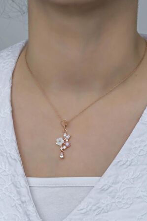 925 Ayar Gümüş Pembe Taşlı Kelebek Manolya Çiçeği Kolye