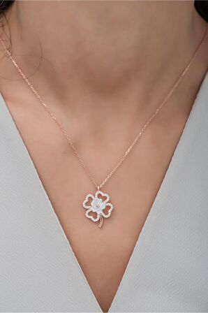 925 Ayar Gümüş Rose yonca Model Manolya Çiçeği Kolye