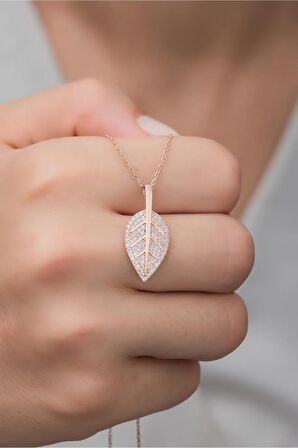 925 Ayar Gümüş Rose Zirkon Taşlı Yaprak Kolye