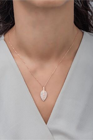925 Ayar Gümüş Rose Zirkon Taşlı Yaprak Kolye