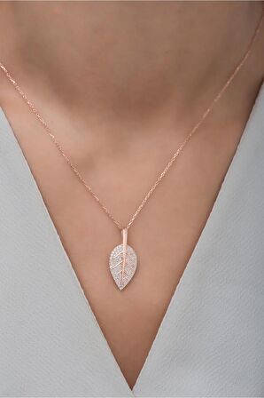925 Ayar Gümüş Rose Zirkon Taşlı Yaprak Kolye