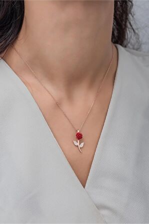 925 Ayar Gümüş Rose Zirkon Taşlı Gül Kolye