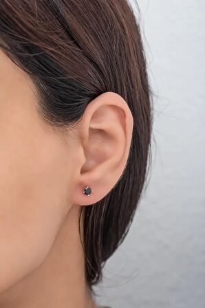 925 Ayar Gümüş Rose Pırlanta Montür 4 mm Siyah Tektaş Küpe