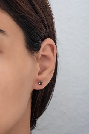 925 Ayar Gümüş Rose Pırlanta Montür 4 mm Siyah Tektaş Küpe