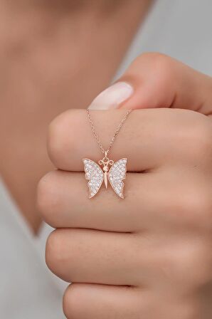 925 Ayar Gümüş Rose Zirkon Taşlı Kelebek Kolye