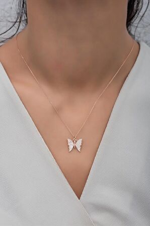 925 Ayar Gümüş Rose Zirkon Taşlı Kelebek Kolye