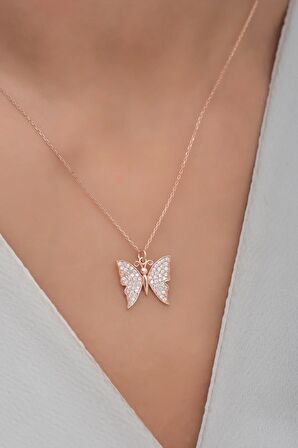 925 Ayar Gümüş Rose Zirkon Taşlı Kelebek Kolye