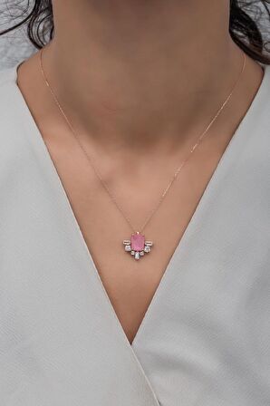 925 Ayar Gümüş Pembe Zirkon Taşlı Tasarım Kolye