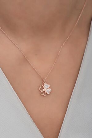 925 Ayar Gümüş Rose 4 Kalpli Yonca Kolye