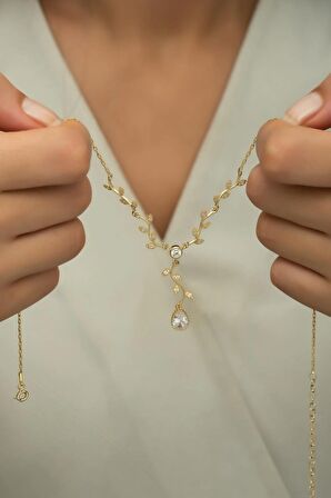925 Ayar Gümüş Gold Zirkon Damla Taşlı Sarmaşık Kolye