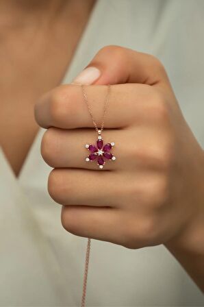 925 Ayar Gümüş Rose Kırmızı Zirkon Taşlı Çiçek Kolye