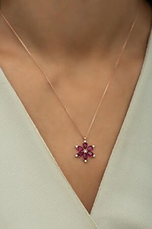 925 Ayar Gümüş Rose Kırmızı Zirkon Taşlı Çiçek Kolye