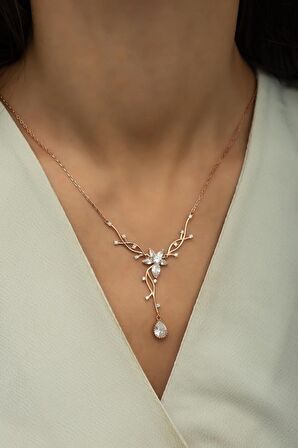 925 Ayar Gümüş Rose Zirkon Damla Taşlı Sarmaşık Kolye