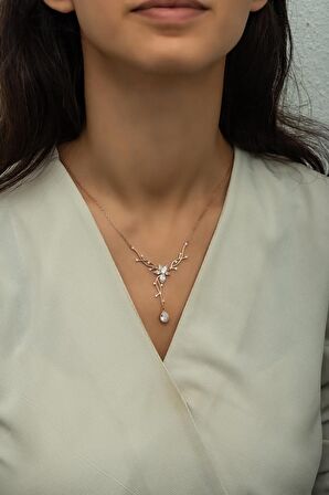 925 Ayar Gümüş Rose Zirkon Damla Taşlı Sarmaşık Kolye