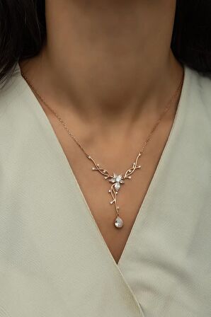 925 Ayar Gümüş Rose Zirkon Damla Taşlı Sarmaşık Kolye