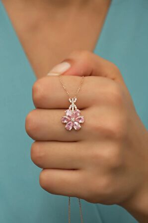 925 Ayar Gümüş Pembe Taşlı 6 Yaprak Lotus Çiçeği Kolye