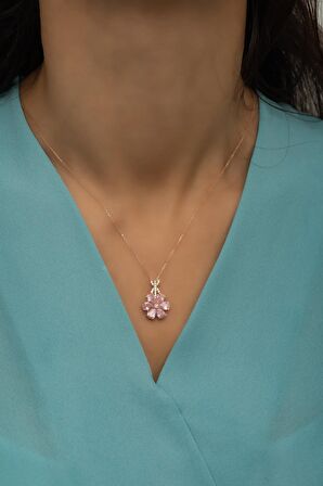 925 Ayar Gümüş Pembe Taşlı 6 Yaprak Lotus Çiçeği Kolye