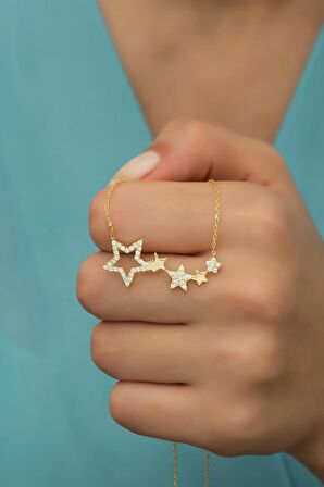 925 Ayar Gümüş Gold 5'Li Yıldız Yolu Kolye