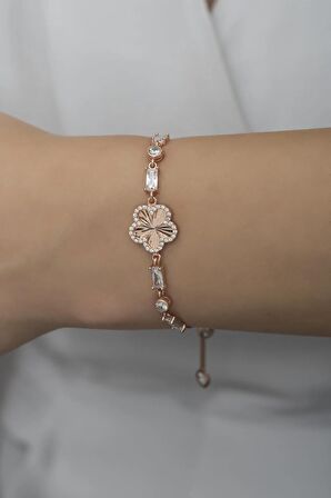 925 Ayar Gümüş Asansörlü Baget Taşlı Rose Yonca Bileklik