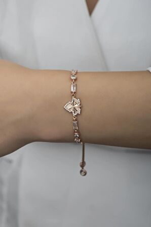 925 Ayar Gümüş Asansörlü Baget Taşlı Rose Çınar Yaprağı Bileklik
