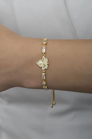 925 Ayar Gümüş Asansörlü Baget Taşlı Gold Çınar Yaprağı Bileklik