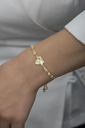 925 Ayar Gümüş Asansörlü Baget Taşlı Gold Çınar Yaprağı Bileklik