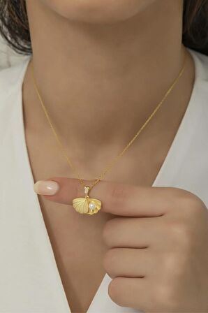 925 Ayar Gümüş Gold İncili İstiridye Kolye