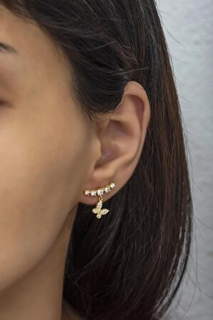 925 Ayar Gümüş Gold Beş Taşlı Sallantılı Kelebek Küpe